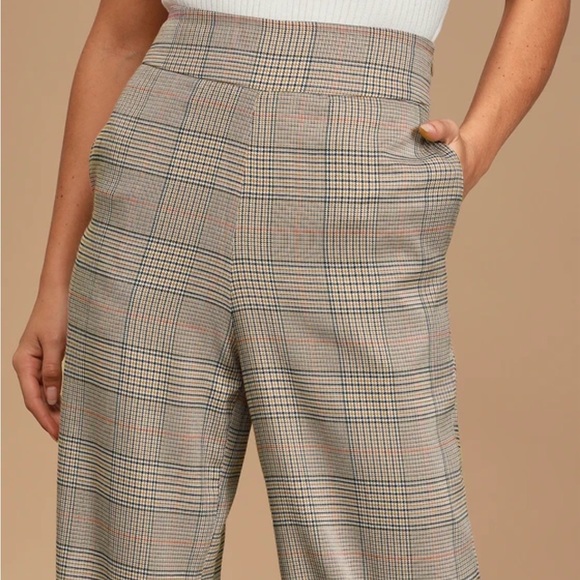Lulus Talking Point Camel Multi Plaid Wide-Leg Pants - Picture 3 of 8